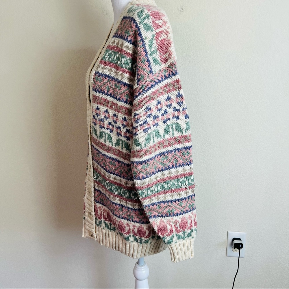 VTG Liz Sport Cream Pink & Light Green Chunky Button Up Cardigan Sweater - Picture 3 of 15